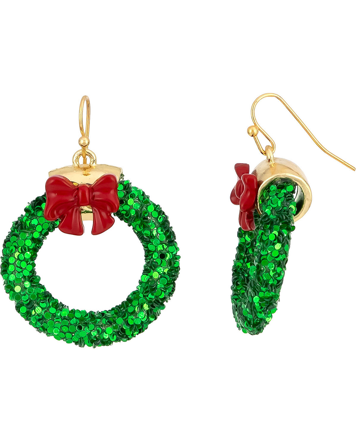 A pair of gold-tone dangle earrings featuring a green glitter wreath design with a red bow accent, shown on a plain white background.