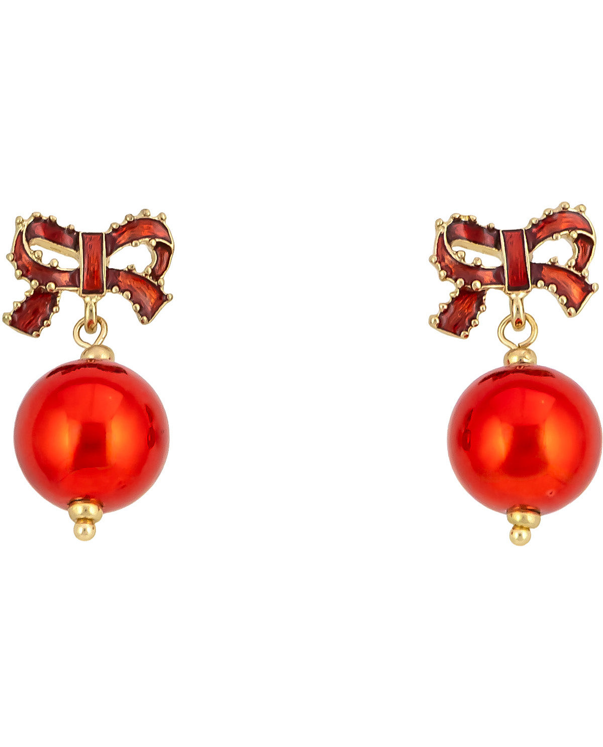 A pair of gold-tone drop earrings featuring a red enamel bow at the top and a large, glossy red pearl bead dangling below, set against a plain white background.