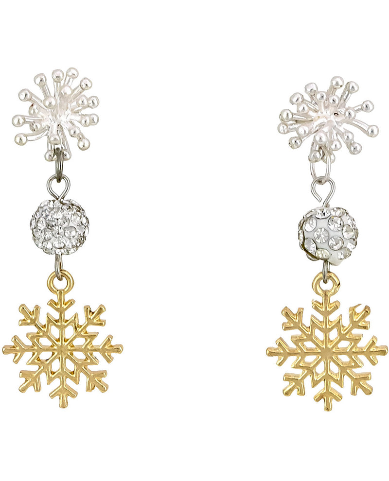 A pair of silver and gold dangle earrings featuring snowflake motifs, with clear rhinestone-encrusted round beads in the middle, shown against a plain white background.