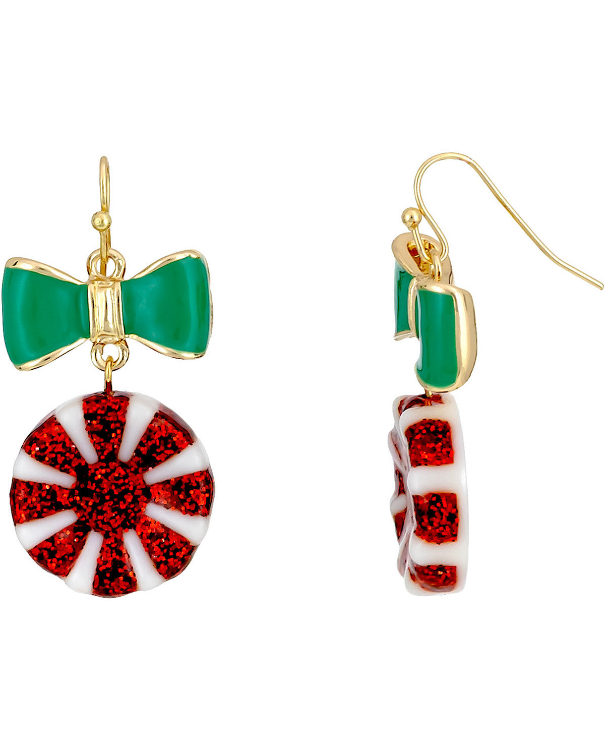 A pair of gold-tone dangle earrings featuring a green bow and a red-and-white peppermint candy charm, shown on a plain white background.