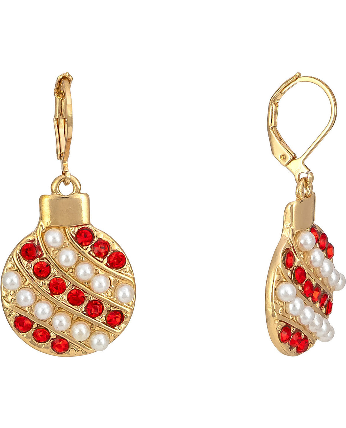 A pair of gold leverback earrings featuring ornament-shaped charms decorated with red and white faux pearls on a plain white background.
