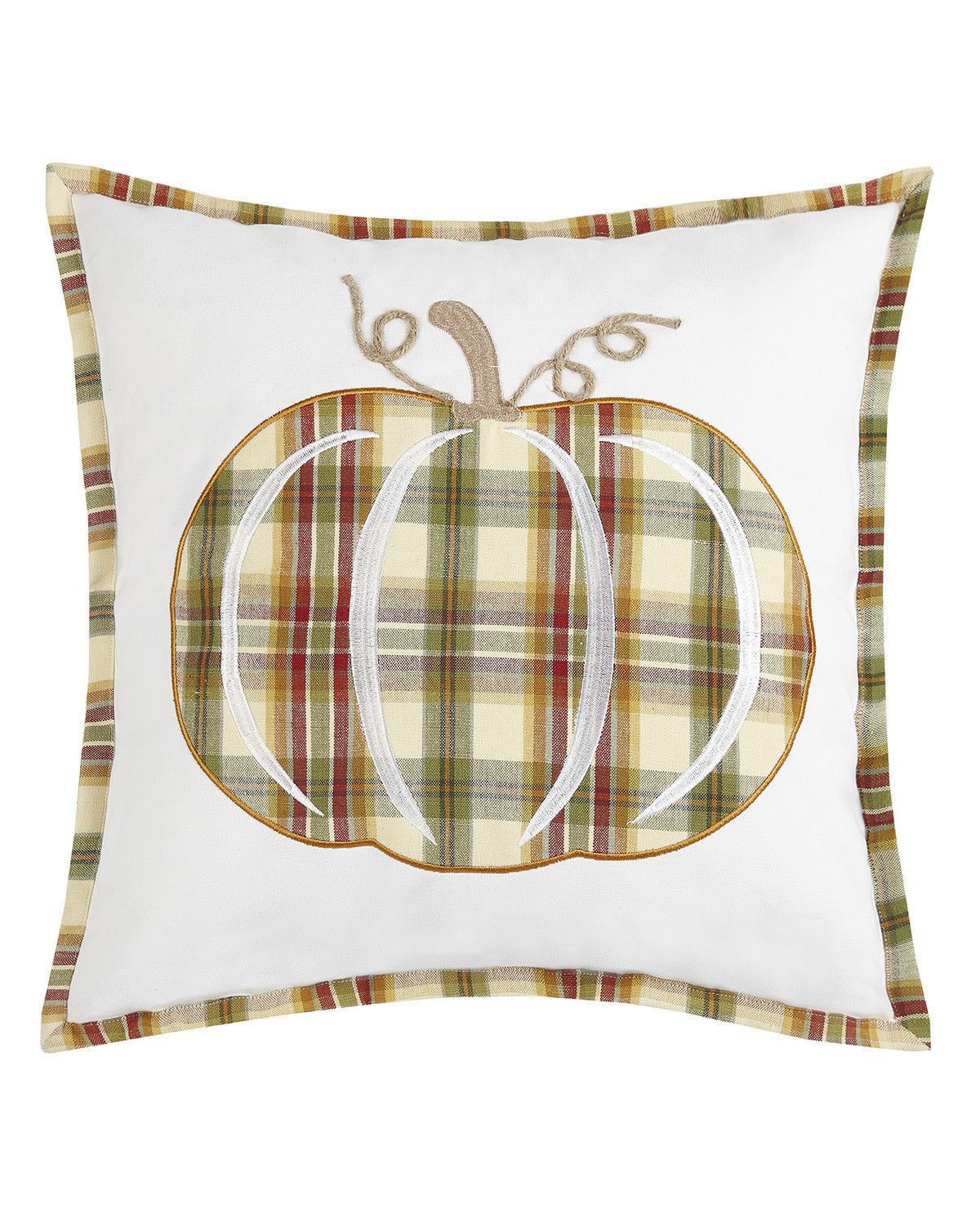A square white throw pillow featuring a central embroidered pumpkin design with a green, beige, and brown plaid pattern, a tan stem, and a matching plaid border.