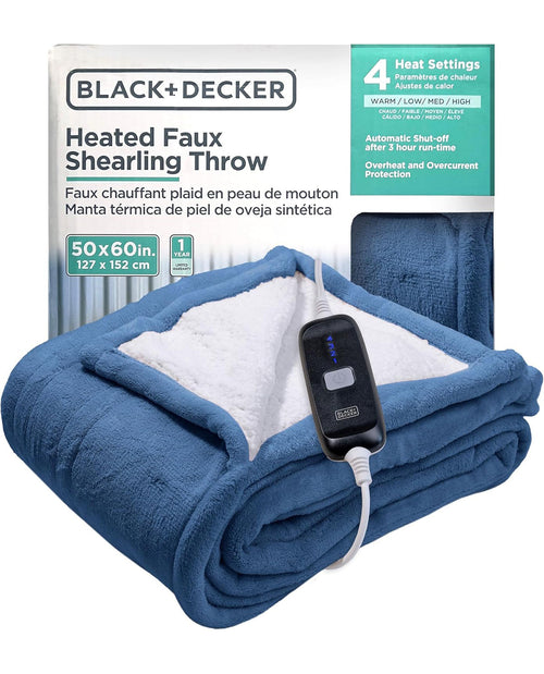 Black & Decker navy heated faux sherling throw blanket with control panel displayed in front of packaging.