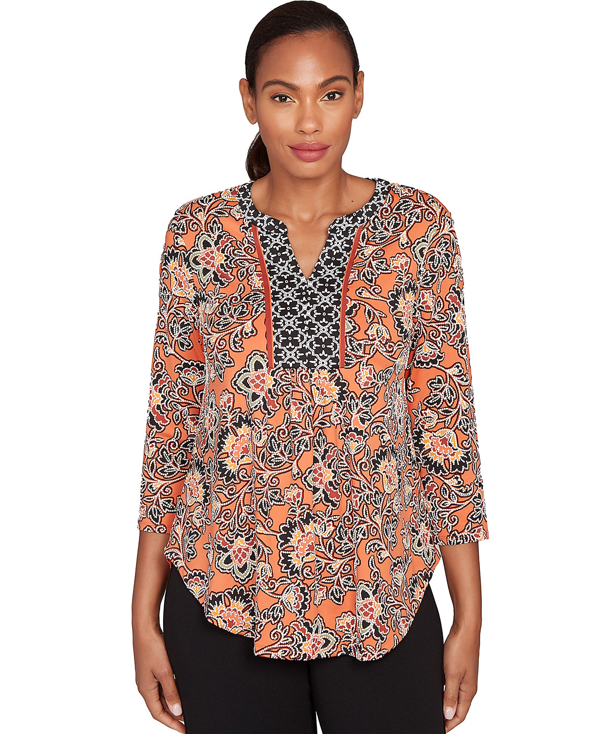 Ruby Road Autumn Garden 3/4 Puff Sleeve Floral Knit Top Brick