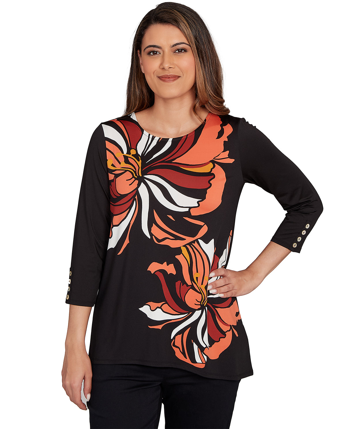 Ruby Road Autumn Garden 3/4 Sleeve Floral Print Knit Top Brick