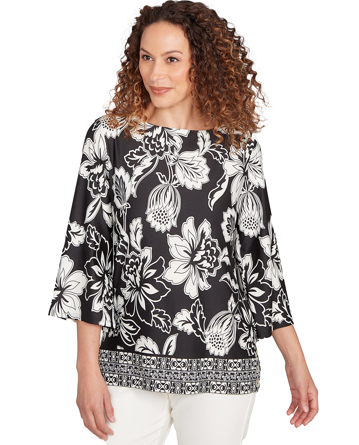 Ruby Road Autumn Garden 3/4 Sleeve Floral Knit Top Black/Ivory