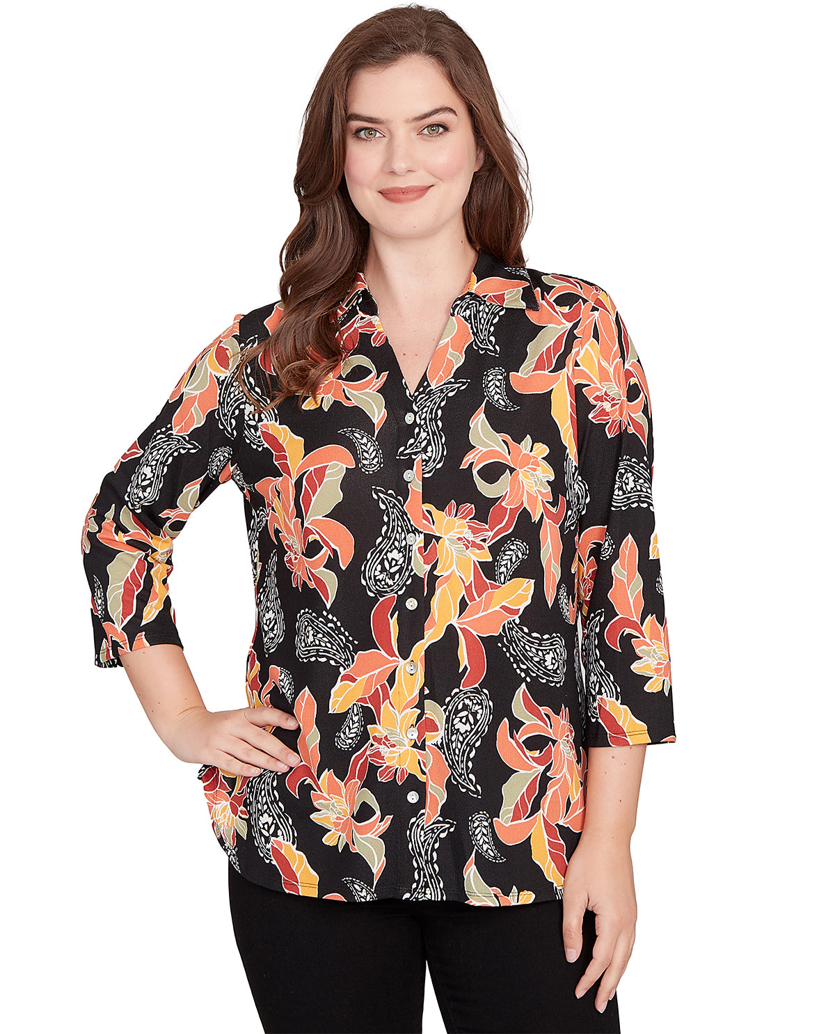 Ruby Road Autumn Garden 3/4 Sleeve Floral Paisley Top Black Multi