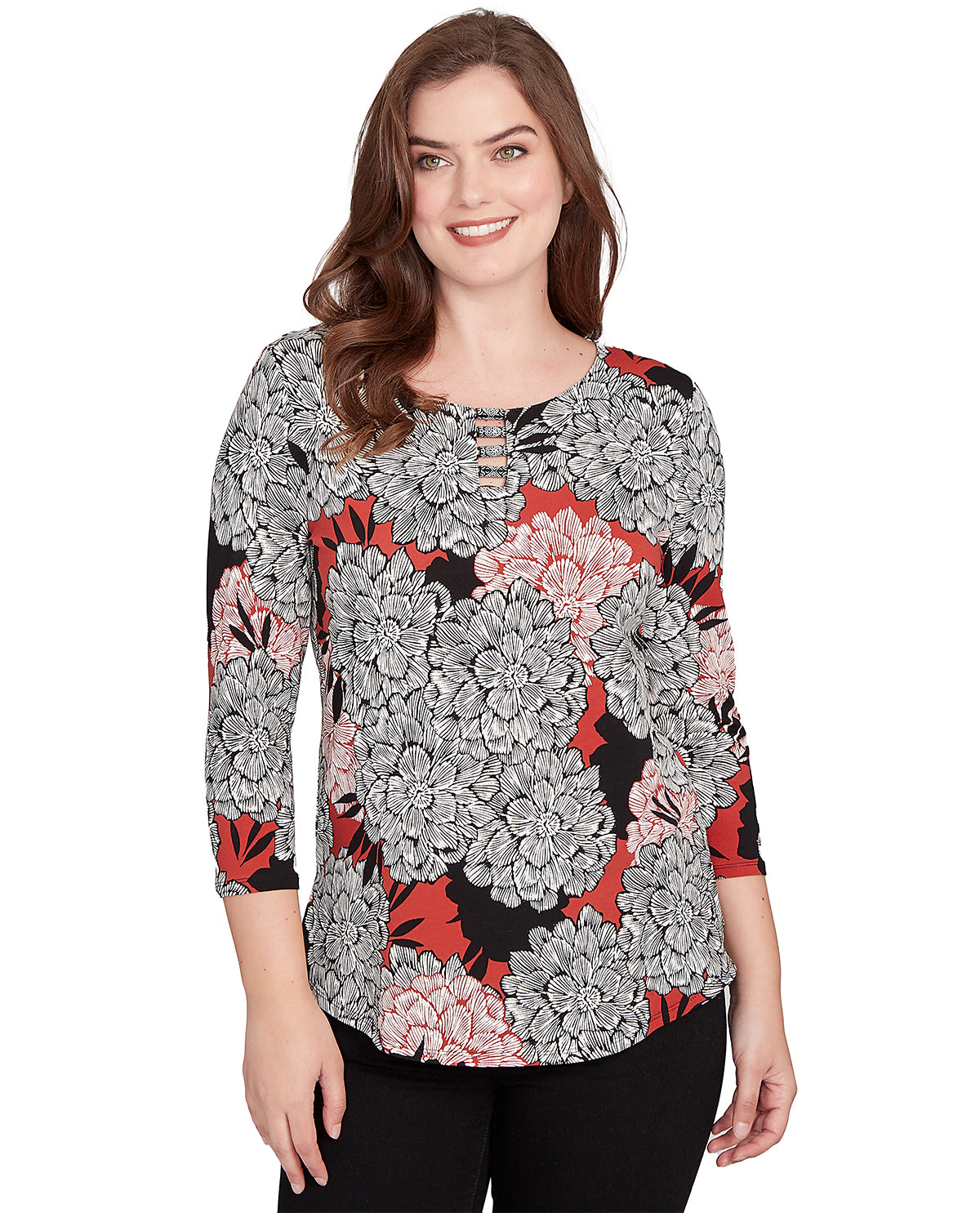 Ruby Road Autumn Garden 3/4 Sleeve Dahlia Print Knit Top Brick