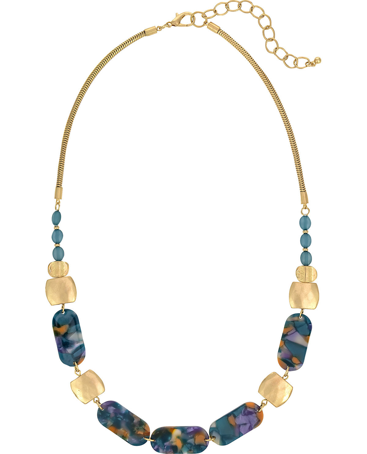 A gold-tone chain necklace featuring a series of marbled blue, purple, and orange glass beads accented by flat gold-tone discs and small blue beads, shown on a plain white background.
