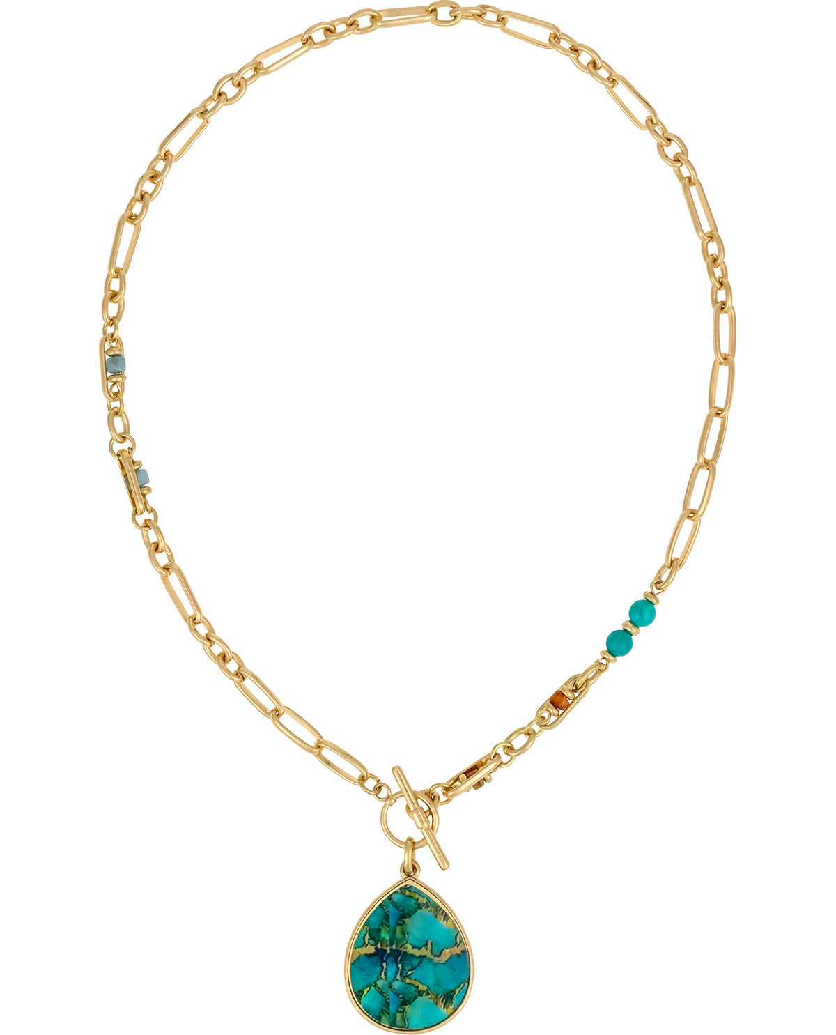A gold-toned chain necklace with a large teardrop-shaped turquoise stone pendant, accented with small turquoise beads and a toggle clasp, shown on a plain white background.