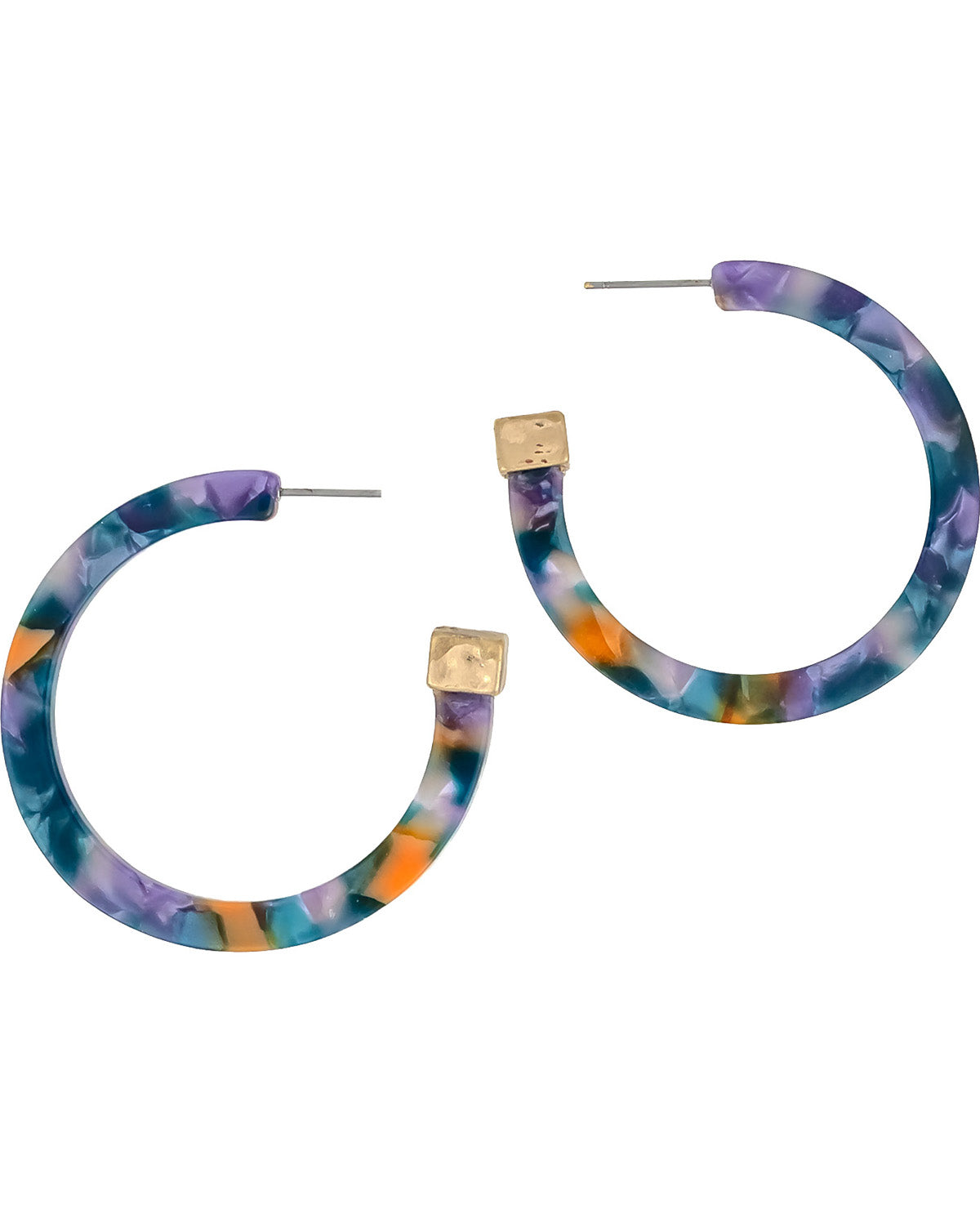 Marbled hoop earrings with a mix of purple, teal, orange, and blue colors, featuring gold square studs and silver posts on a white background.