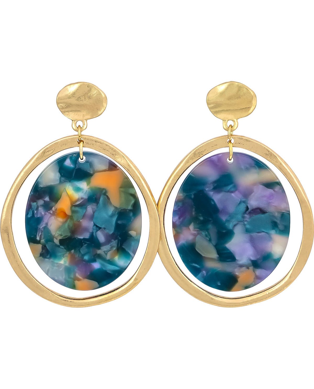 A pair of gold-tone dangle earrings with irregular oval frames and colorful marbled resin centers in shades of blue, purple, teal, and orange, shown on a plain white background.