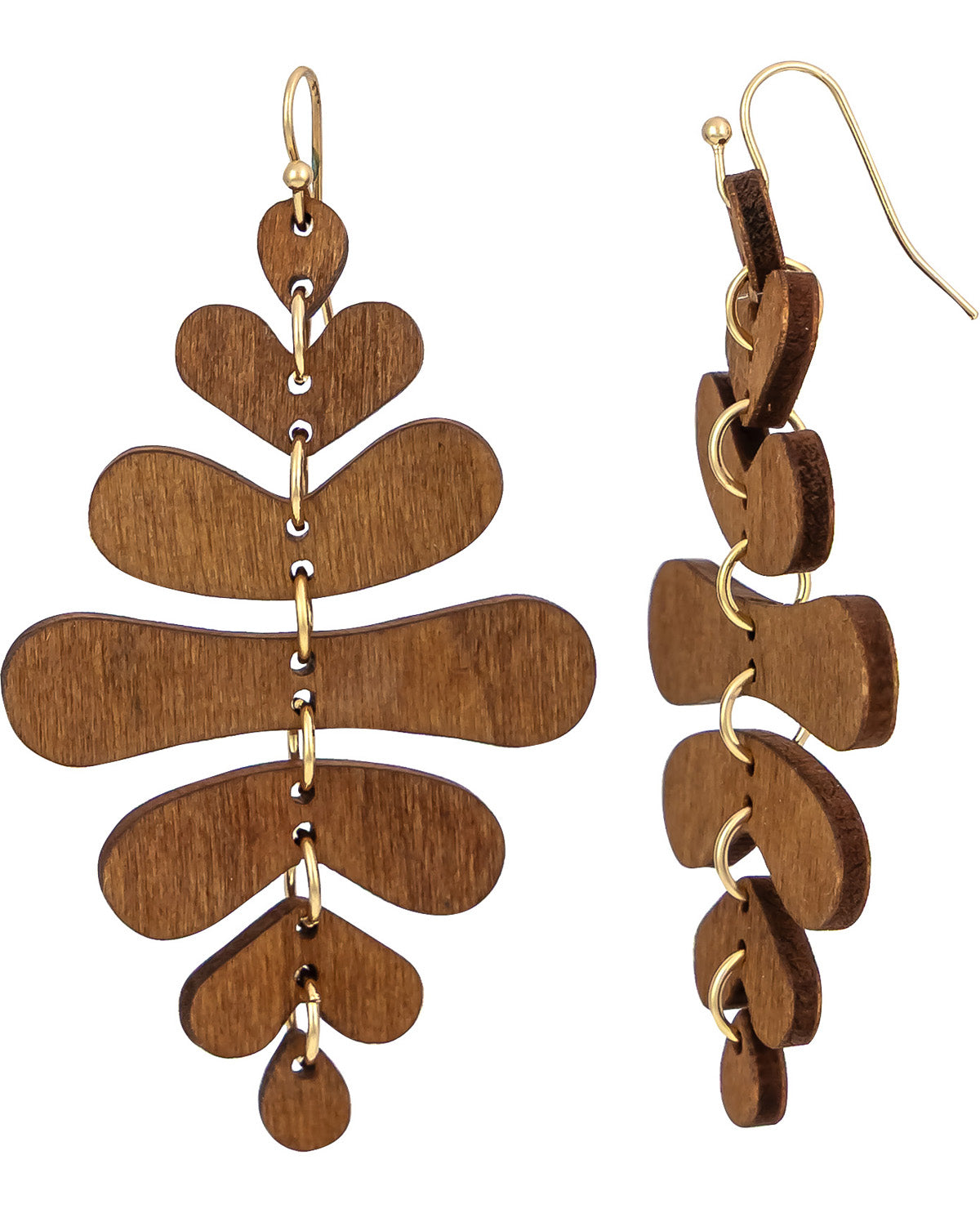 Wooden earrings with gold accents on a white background
