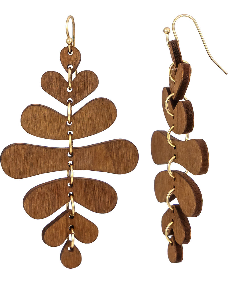 Wooden earrings with gold accents on a white background