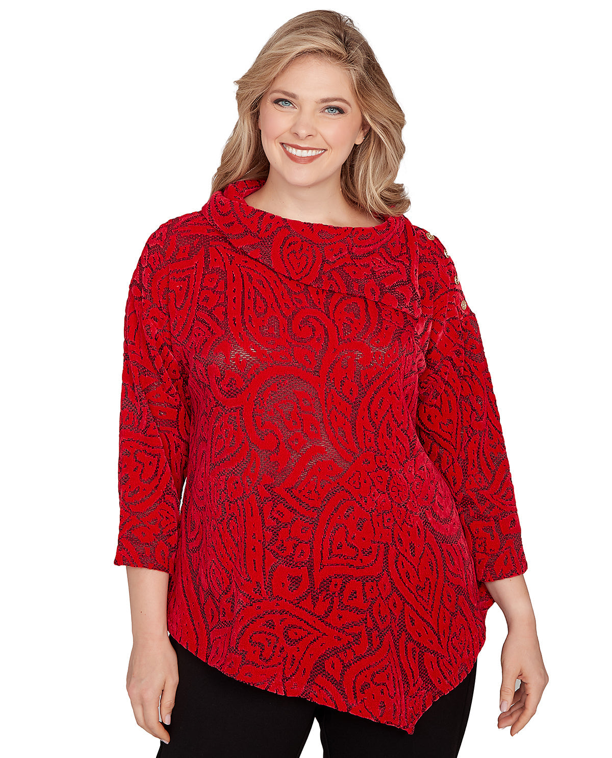 Woman wearing a red lace top on a white background