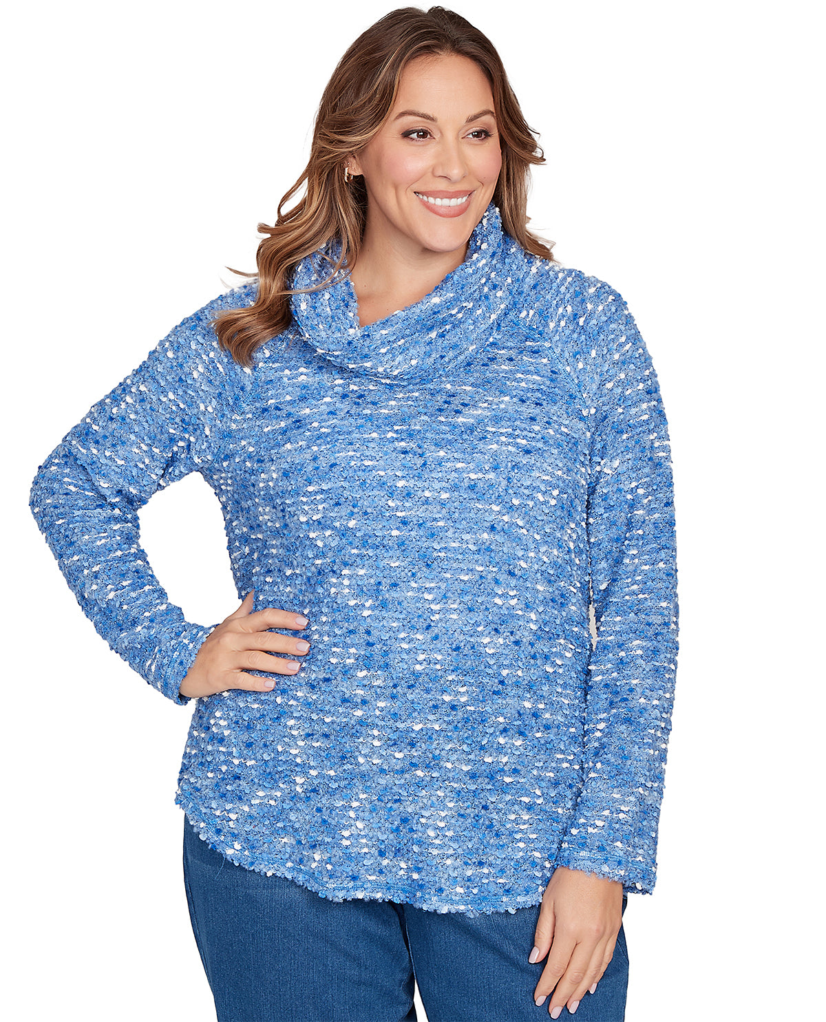 Woman wearing a blue textured sweater on a white background