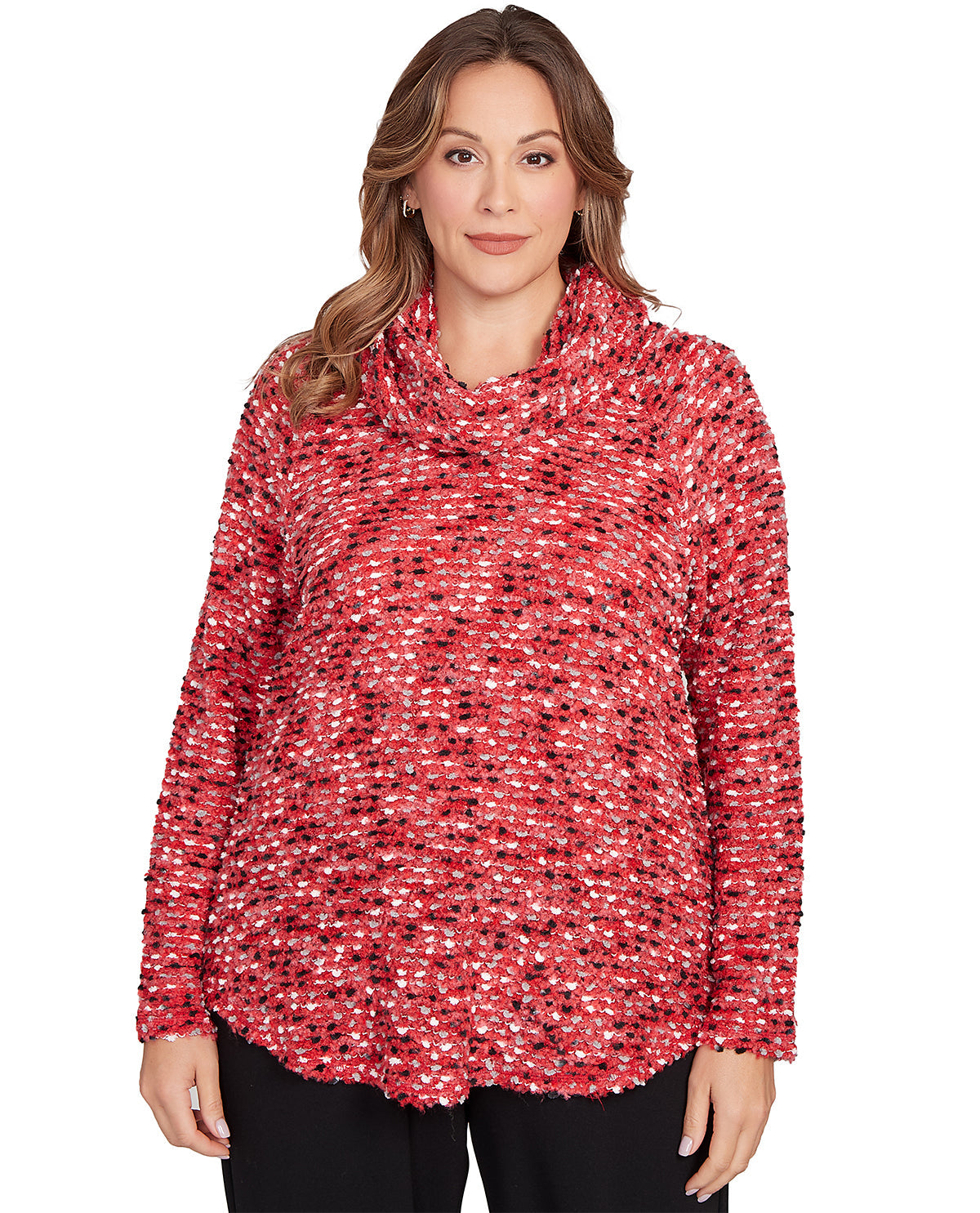 Woman wearing a red and black patterned cowl-neck sweater on a white background