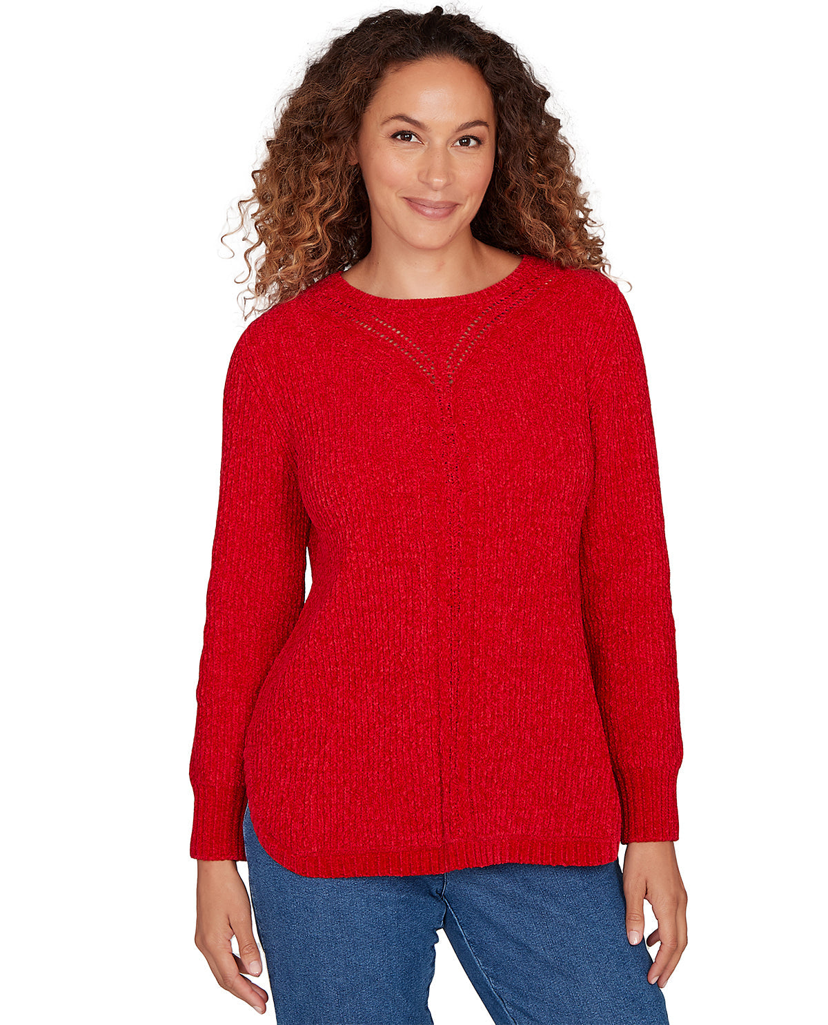 Woman wearing a red sweater on a white background
