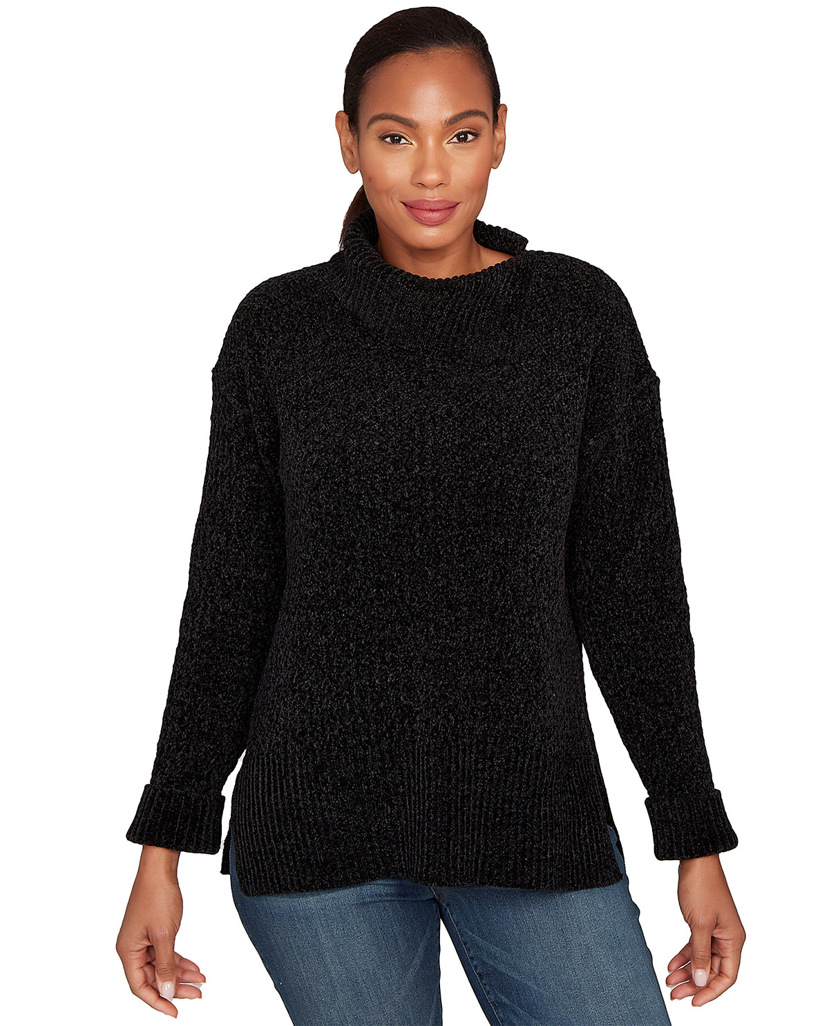 Woman wearing a black sweater on a white background