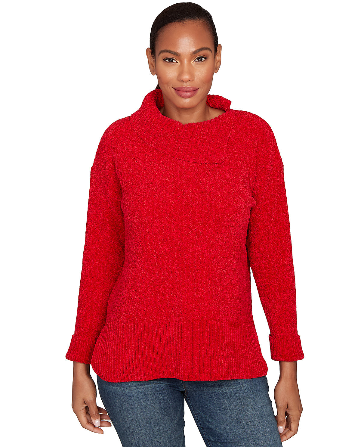 Woman wearing a red sweater on a white background
