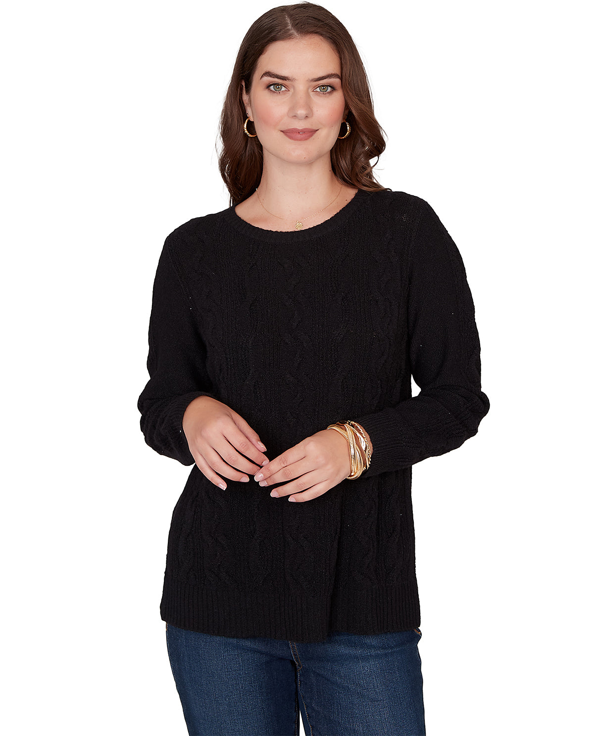 Woman wearing a black sweater on a white background