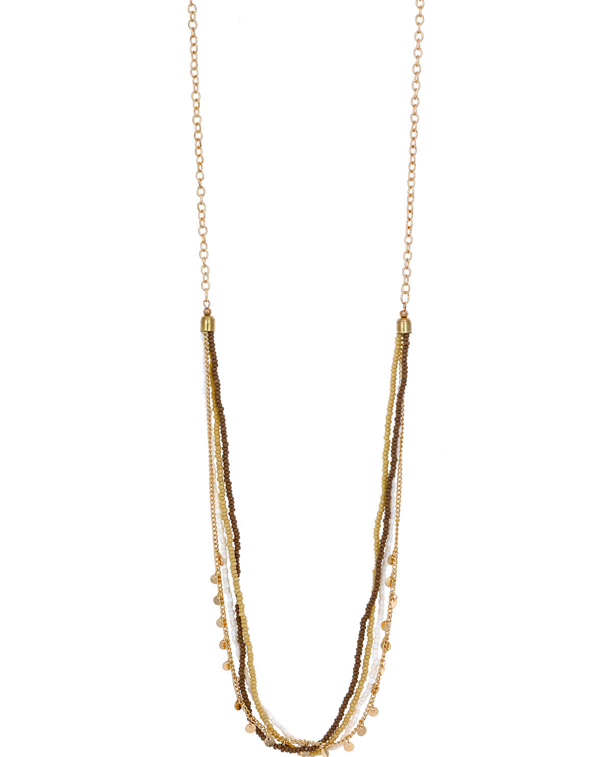 Gold necklace with multiple strands on a white background