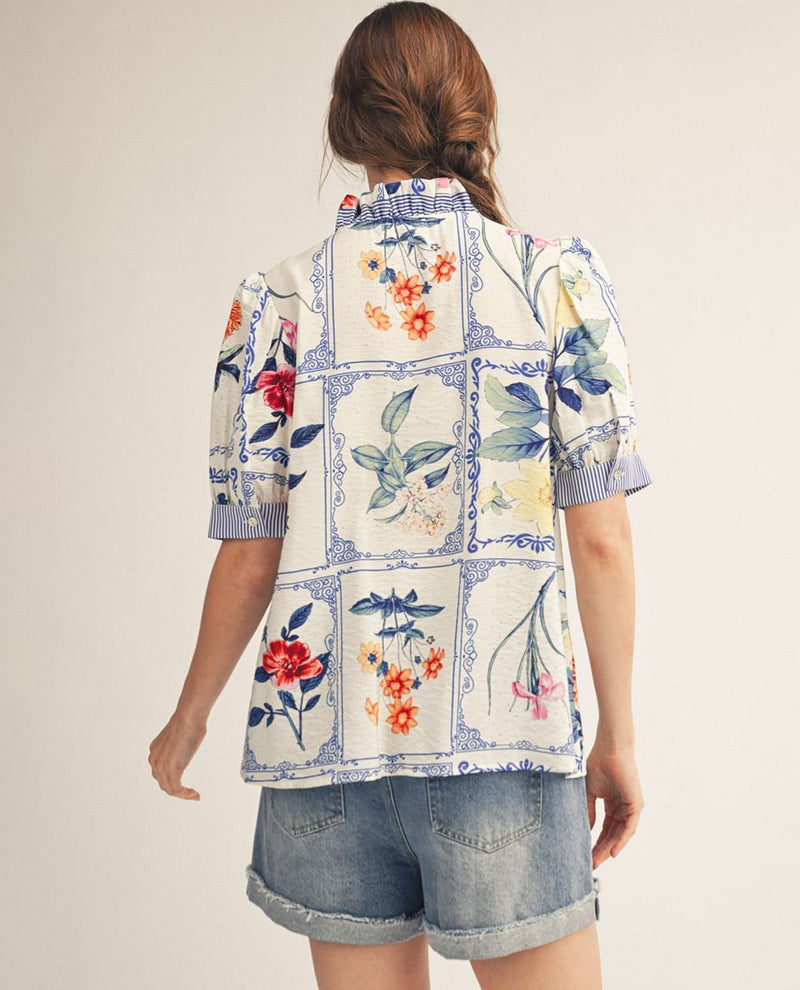 Jodifl Floral Ruffle Neck Top With Stripe Trim
