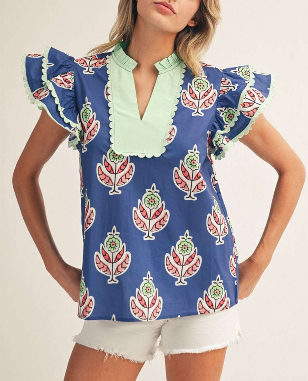 Jodifl Print Top With Flutter Sleeve and Solid Trim Blue