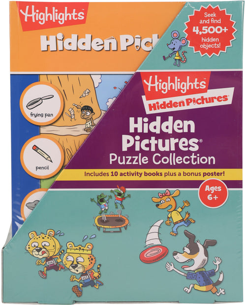 Box of Highlights Hidden Pictures Puzzle Collection with colorful design and cartoon characters.