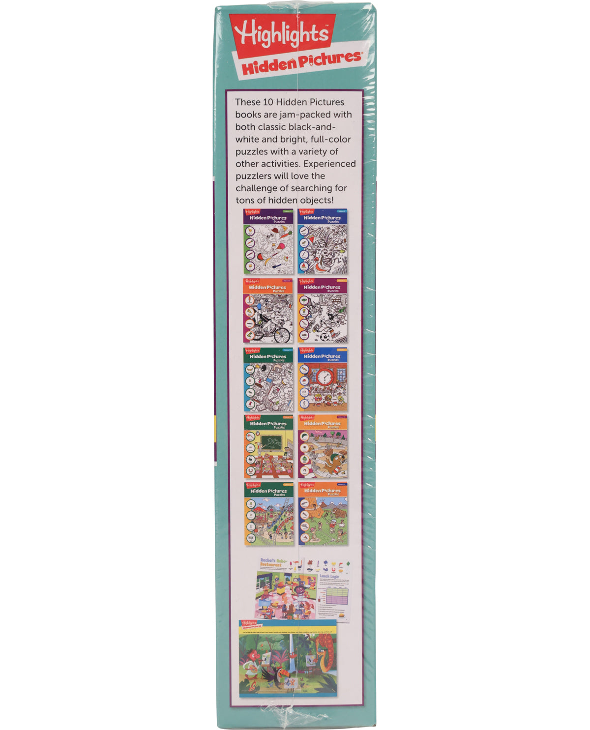 Box of Highlights Hidden Pictures books with colorful illustrations on a white background