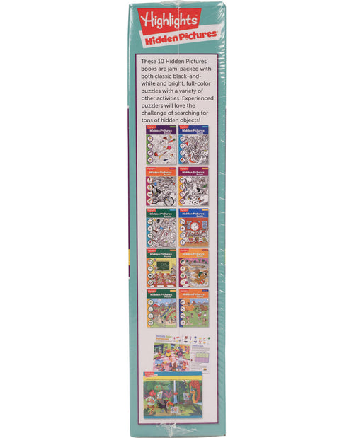 Box of Highlights Hidden Pictures books with colorful illustrations on a white background
