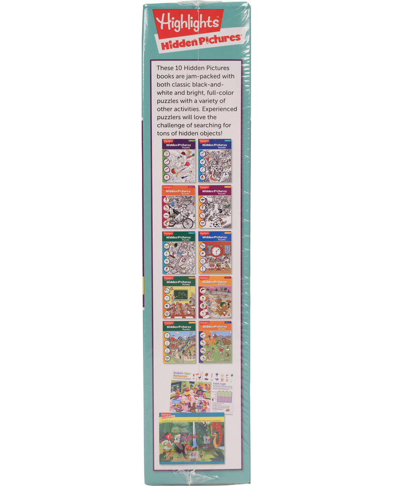 Box of Highlights Hidden Pictures books with colorful illustrations on a white background