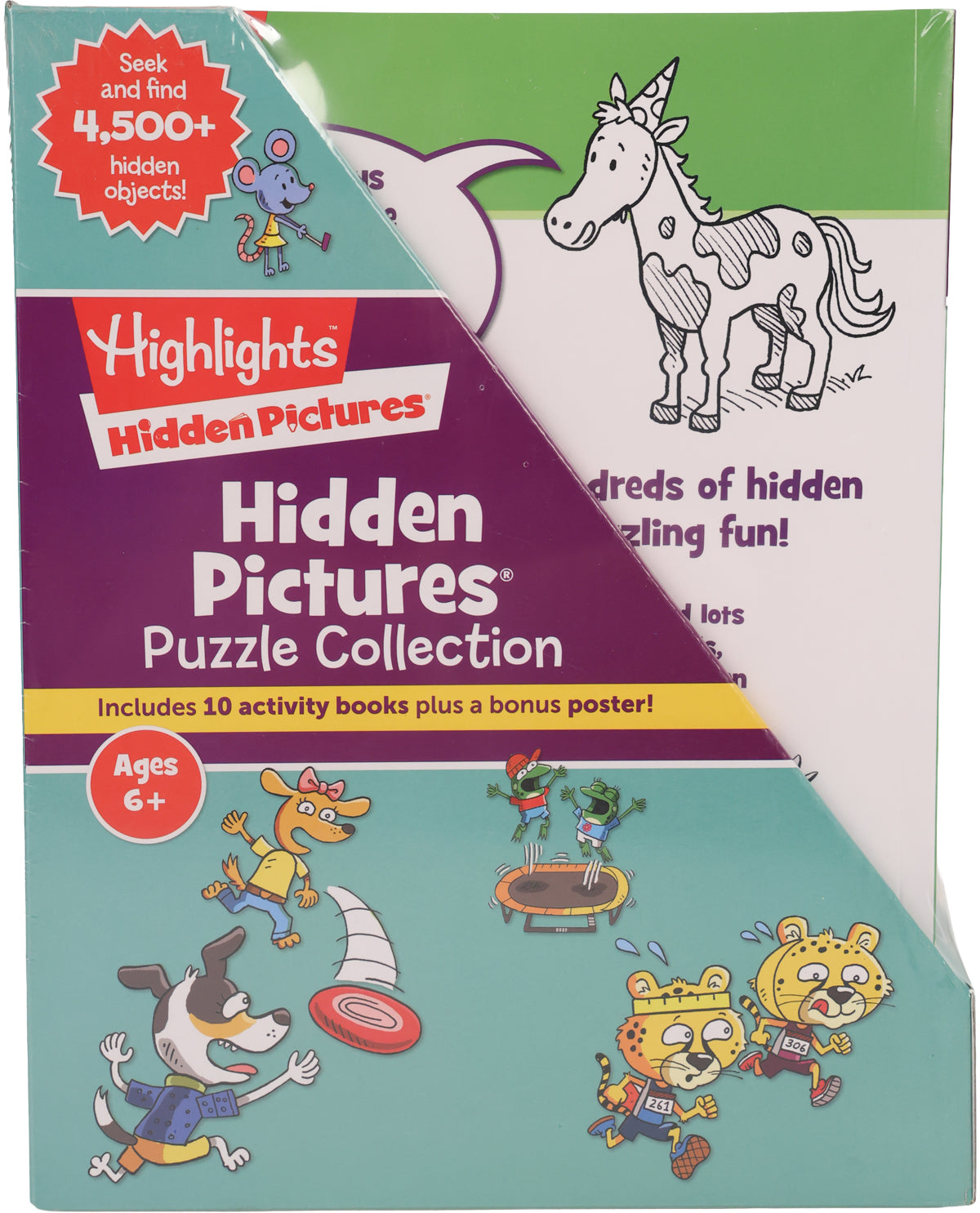 Packaging of Highlights Hidden Pictures Puzzle Collection with cartoon animals and colorful design.