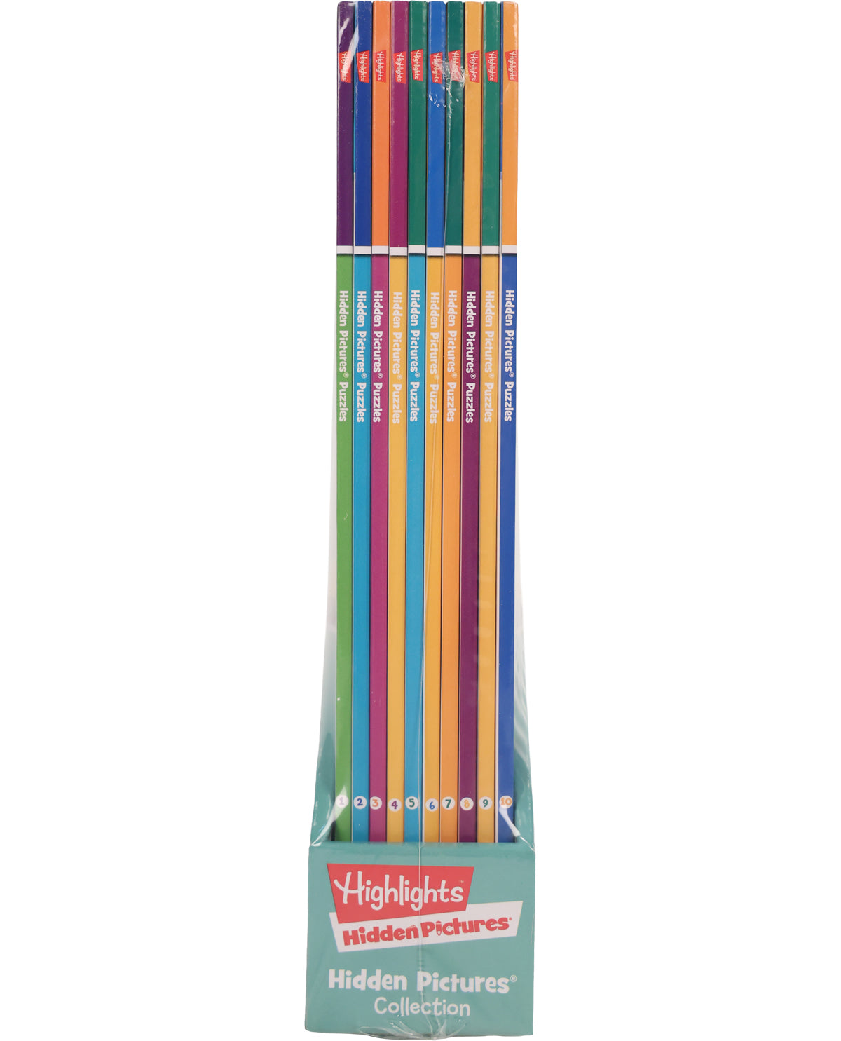 Pack of colorful books titled 'Hidden Pictures' by Highlights on a white background