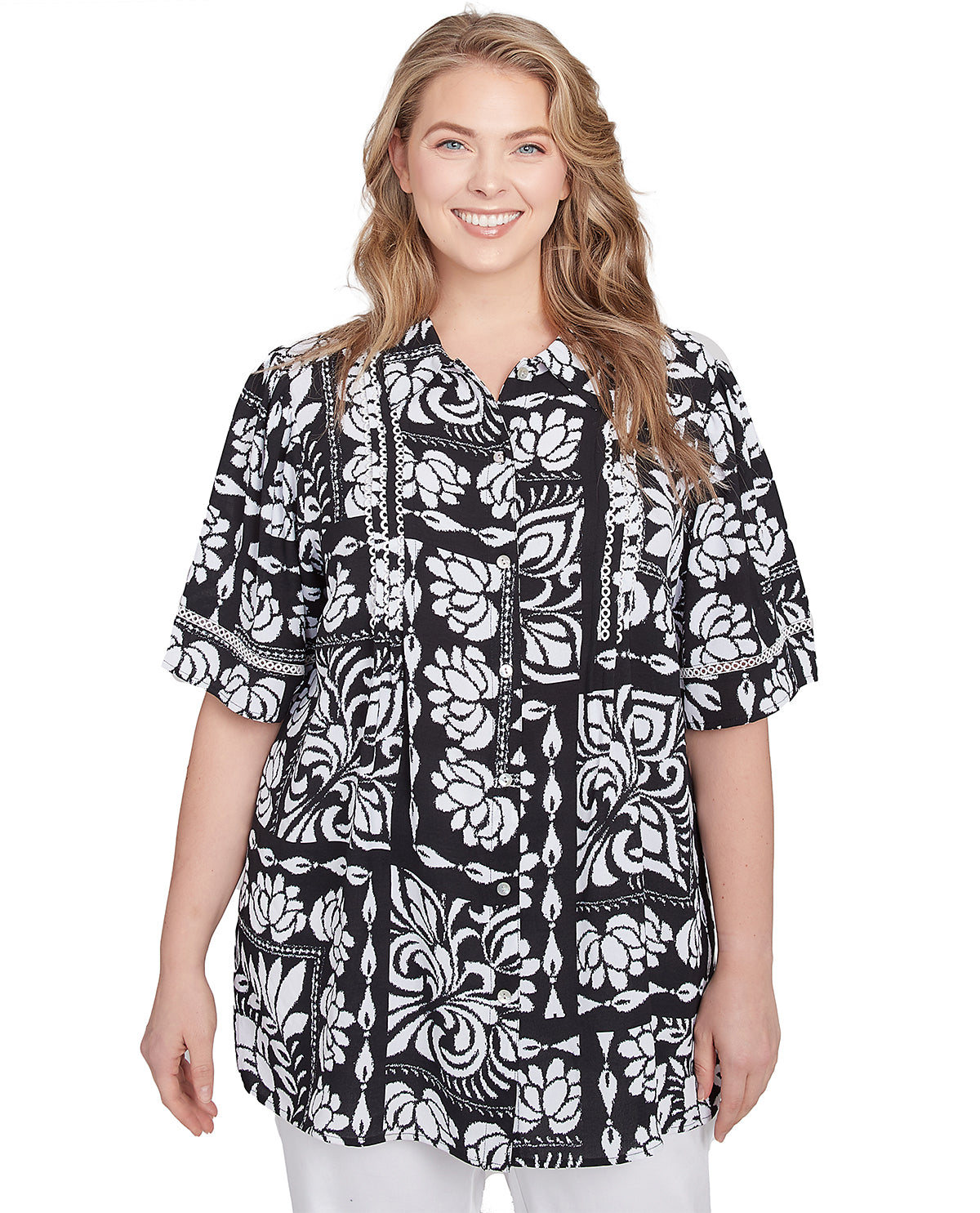 Ruby Road Bali Bliss Patchwork Woven Top Black/White