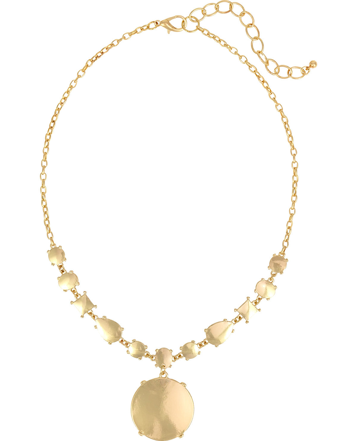 A gold-toned statement necklace featuring a delicate chain, faceted geometric beads, and a large hammered circular pendant, displayed on a solid white background.