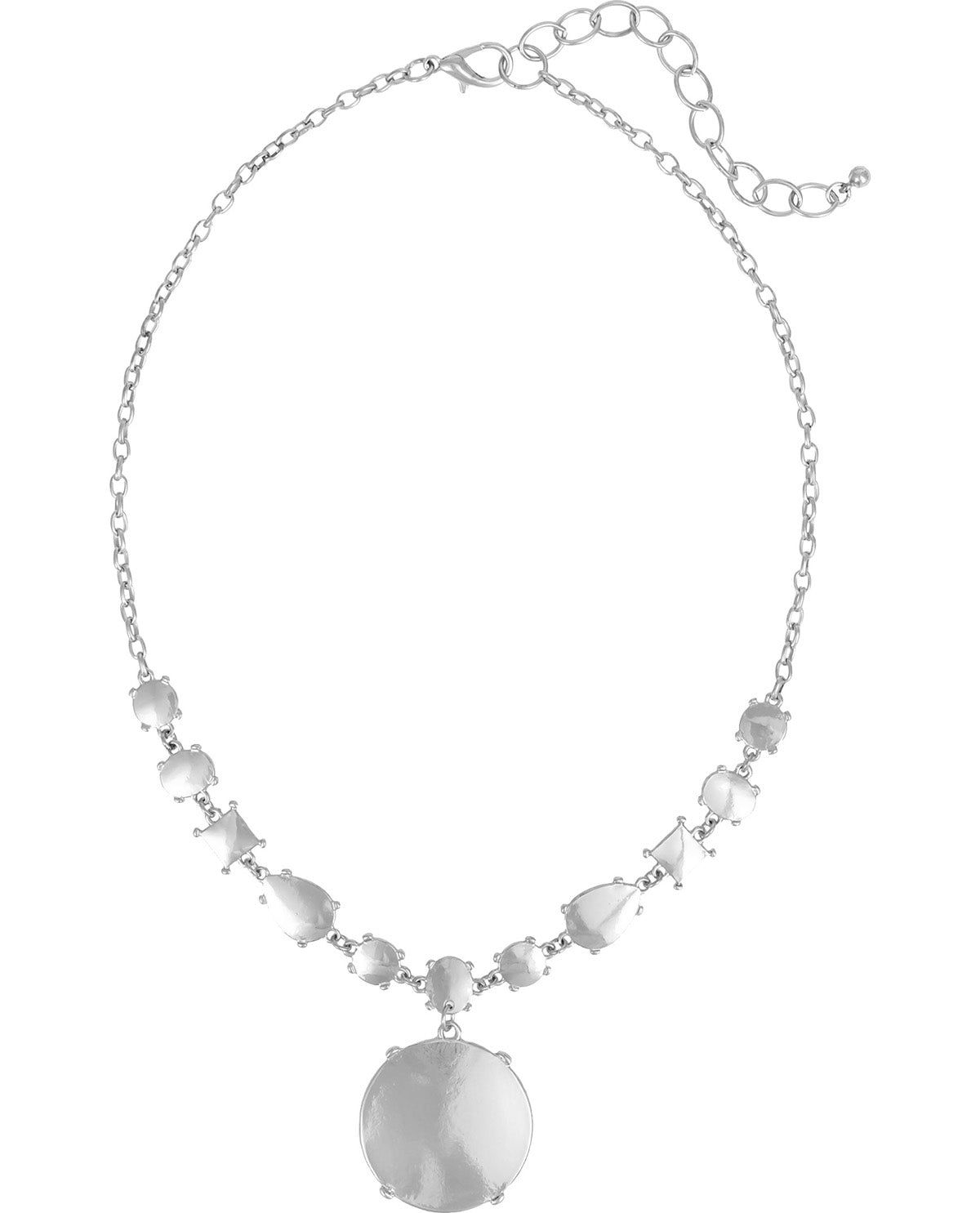 A silver-toned statement necklace featuring a delicate chain, a row of small teardrop-shaped clear stones, and a large oval pendant at the center, shown against a plain white background.