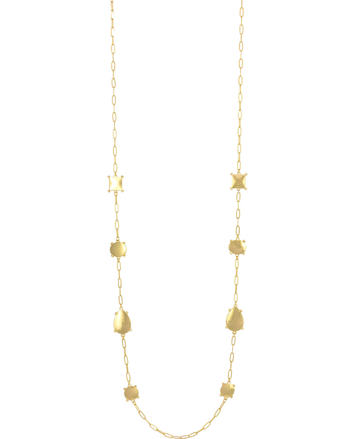 A gold chain necklace featuring alternating flat square and teardrop-shaped links, displayed against a solid white background.