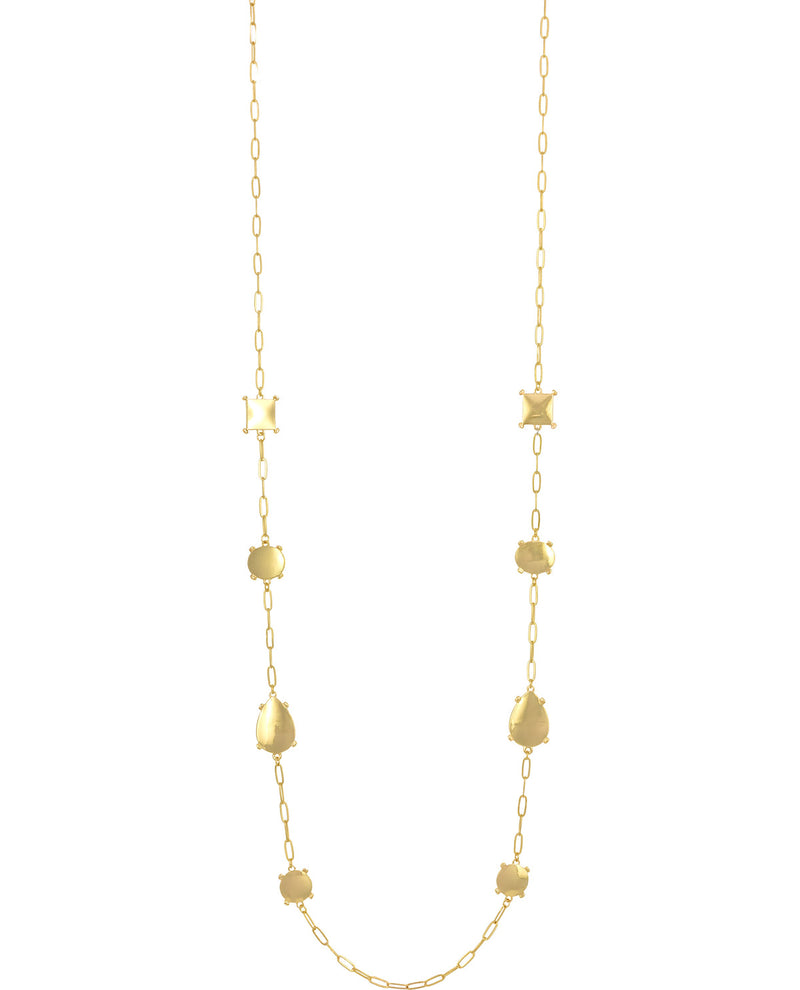 A gold chain necklace featuring alternating flat square and teardrop-shaped links, displayed against a solid white background.
