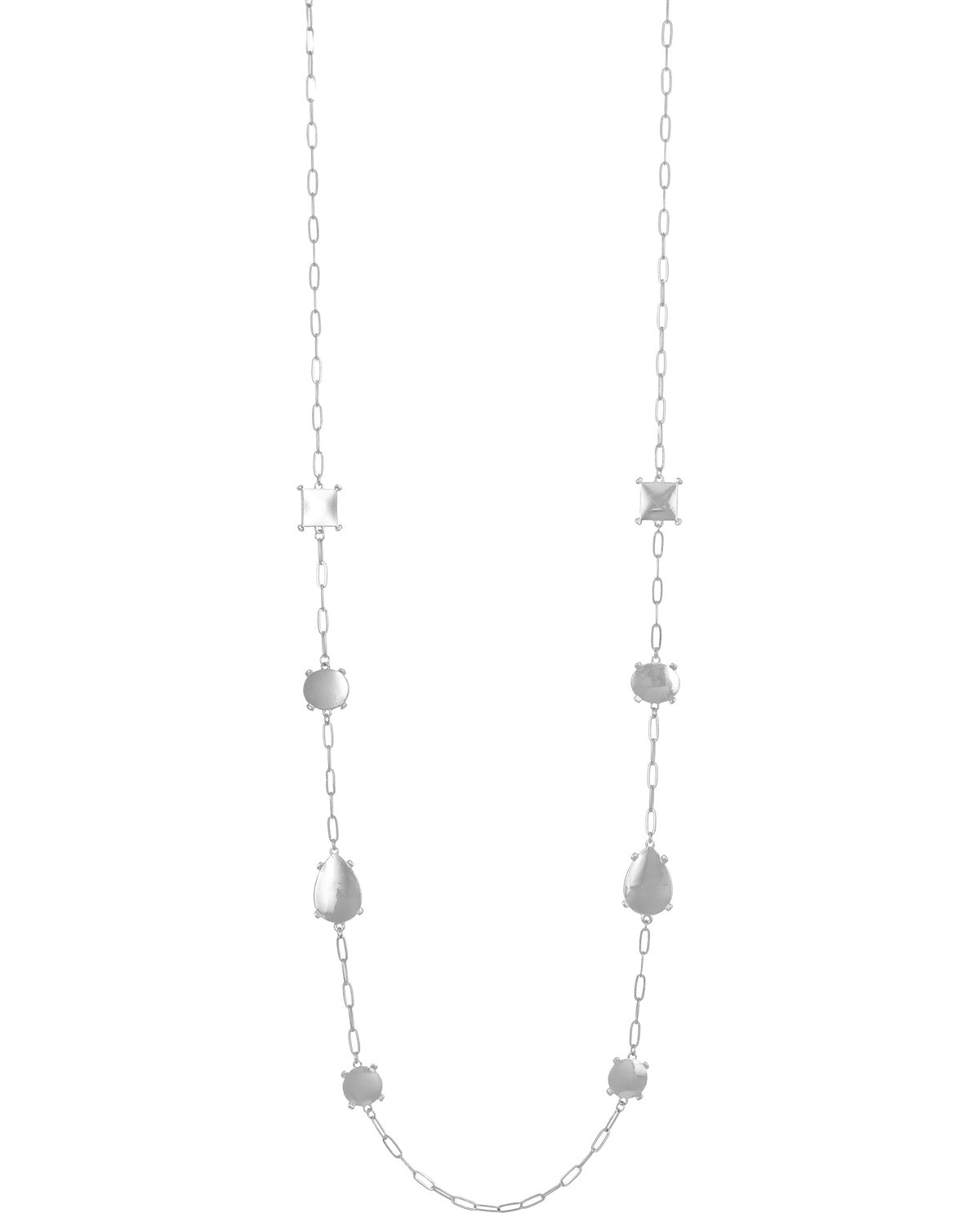 A silver-toned chain necklace featuring multiple dangling geometric and teardrop-shaped charms, displayed against a solid white background.