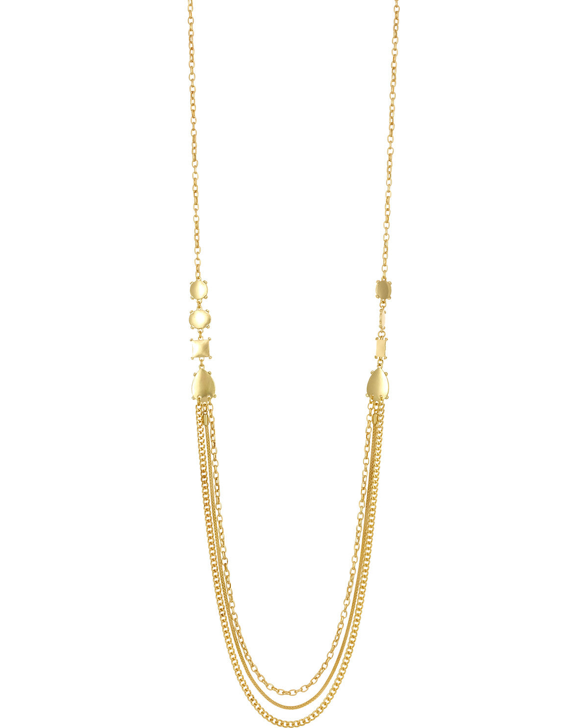 A gold-toned multi-strand necklace featuring three draped chain layers, a small geometric spacer, and a teardrop-shaped charm on a plain white background.