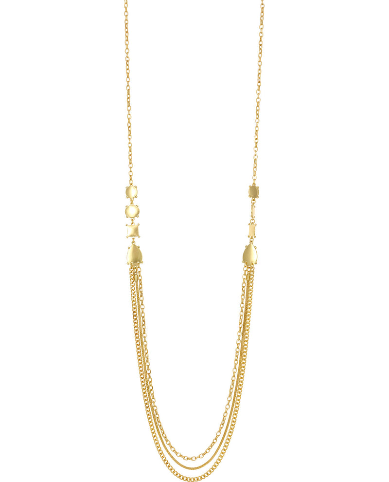 A gold-toned multi-strand necklace featuring three draped chain layers, a small geometric spacer, and a teardrop-shaped charm on a plain white background.