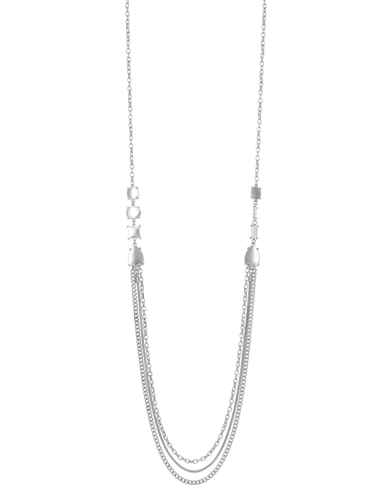 A silver-toned double-layered chain necklace with a geometric pendant and a small hanging charm, displayed against a solid white background.