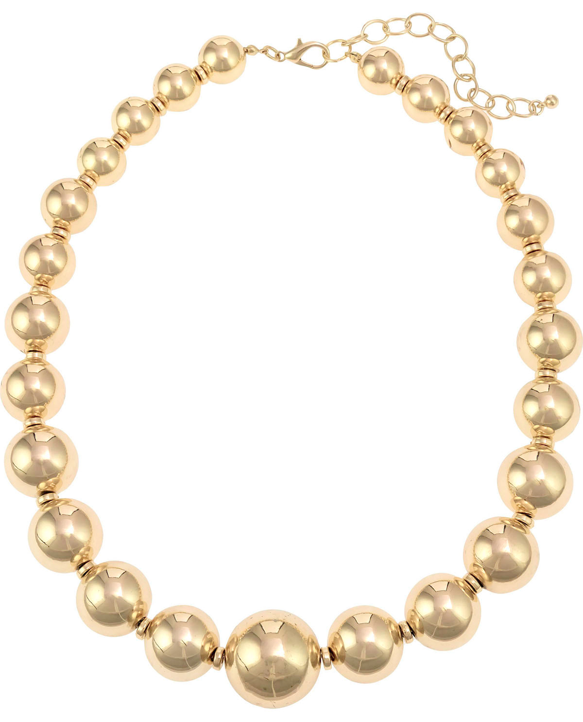 A gold-toned beaded necklace with large, polished spherical beads and a lobster clasp, shown on a plain white background.