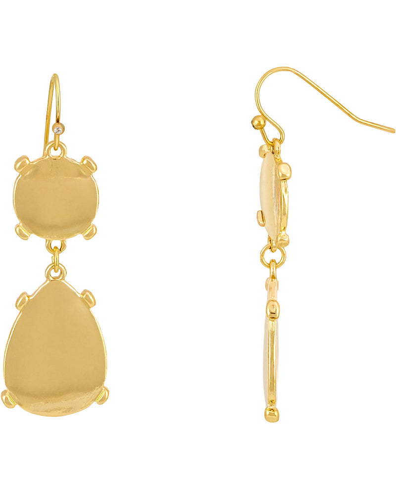 A pair of gold drop earrings on a plain white background, one shown from the front and the other from the side profile.