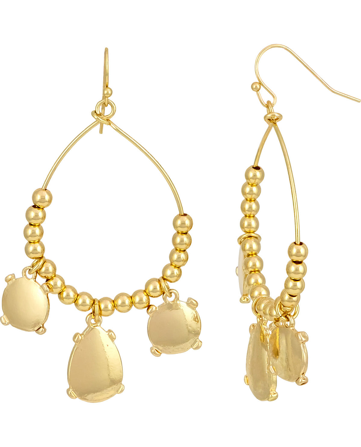 A pair of gold-tone dangle earrings with beaded hoops, teardrop charms, and fishhook backings, shown against a plain white background.
