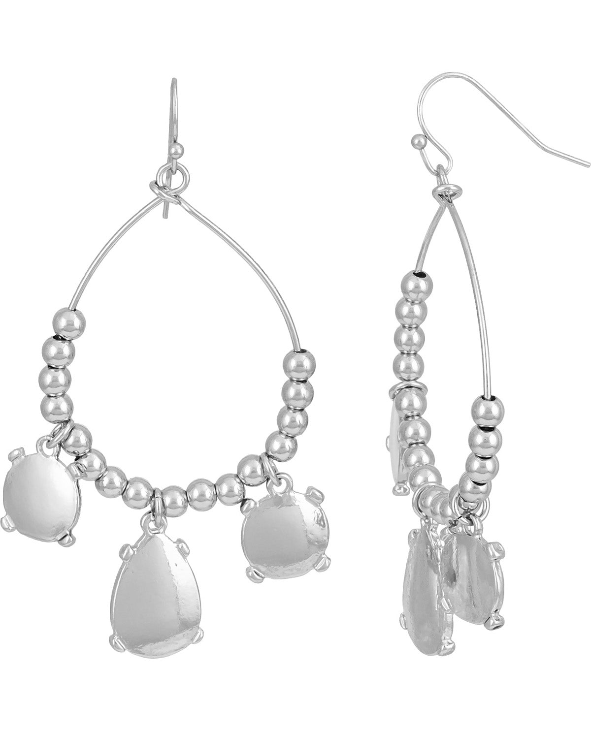 Silver-tone dangle earrings with beaded hoops, teardrop charms, and fishhook backings on a plain white background.