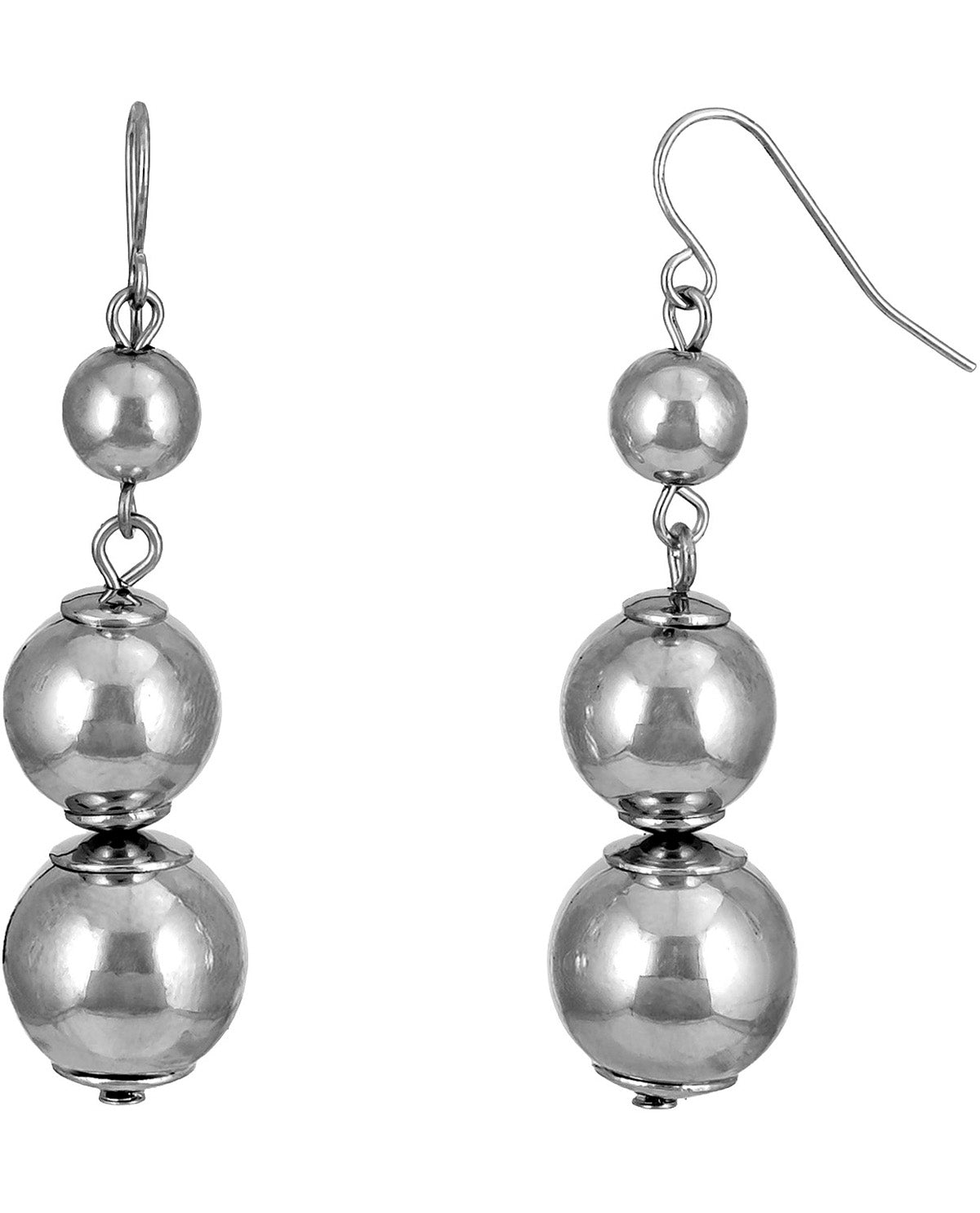 A pair of silver-toned drop earrings with three stacked spherical beads on each earring, shown against a plain white background.