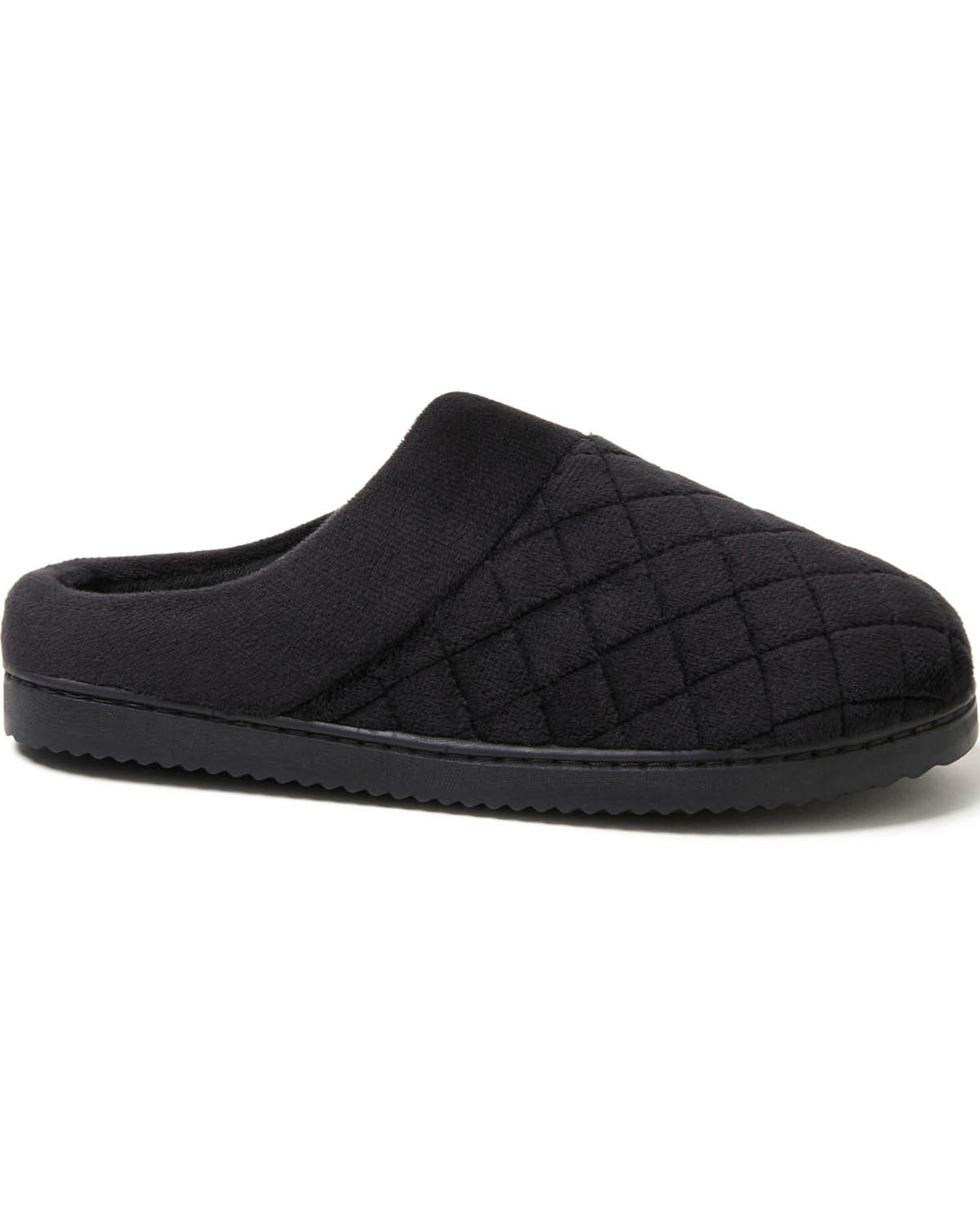 A single black slip-on mule slipper with a quilted diamond pattern on the upper and a textured black sole, shown against a plain white background.