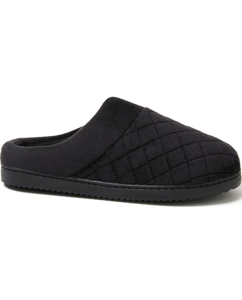 A single black slip-on mule slipper with a quilted diamond pattern on the upper and a textured black sole, shown against a plain white background.